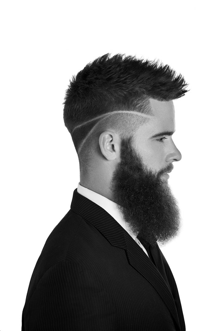 Black and White Beauty Side view headshot of men's hair and beard grooming for Men's Crew with Valentini Hair Design and Spa out of Guelph, Ontario Photographed by Brandon Marsh Photography