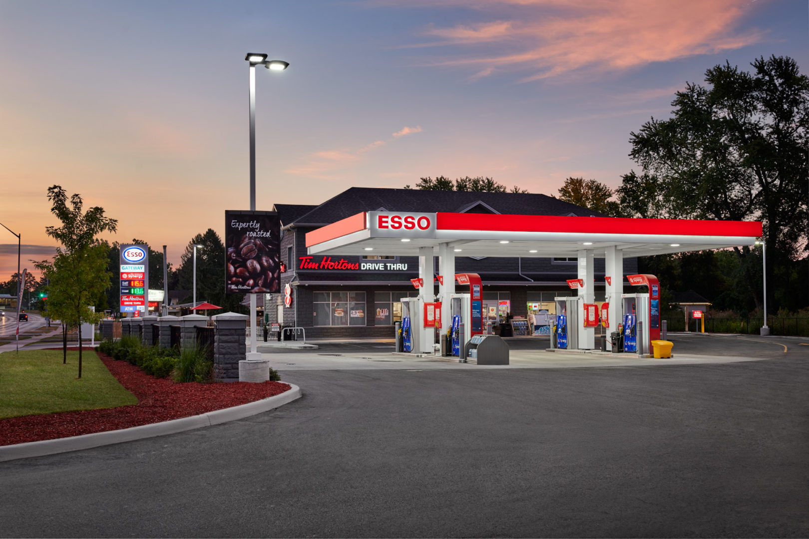 Before and After image of Global Fuels Esso Gas station in Burlington, Ontario photographed by architectural photographer Brandon Marsh Photography