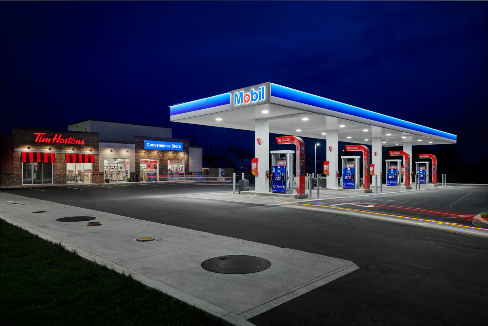 Before and After image of Global Fuels Mobil Gas station in Niagara Falls, Ontario photographed by architectural photographer Brandon Marsh Photography